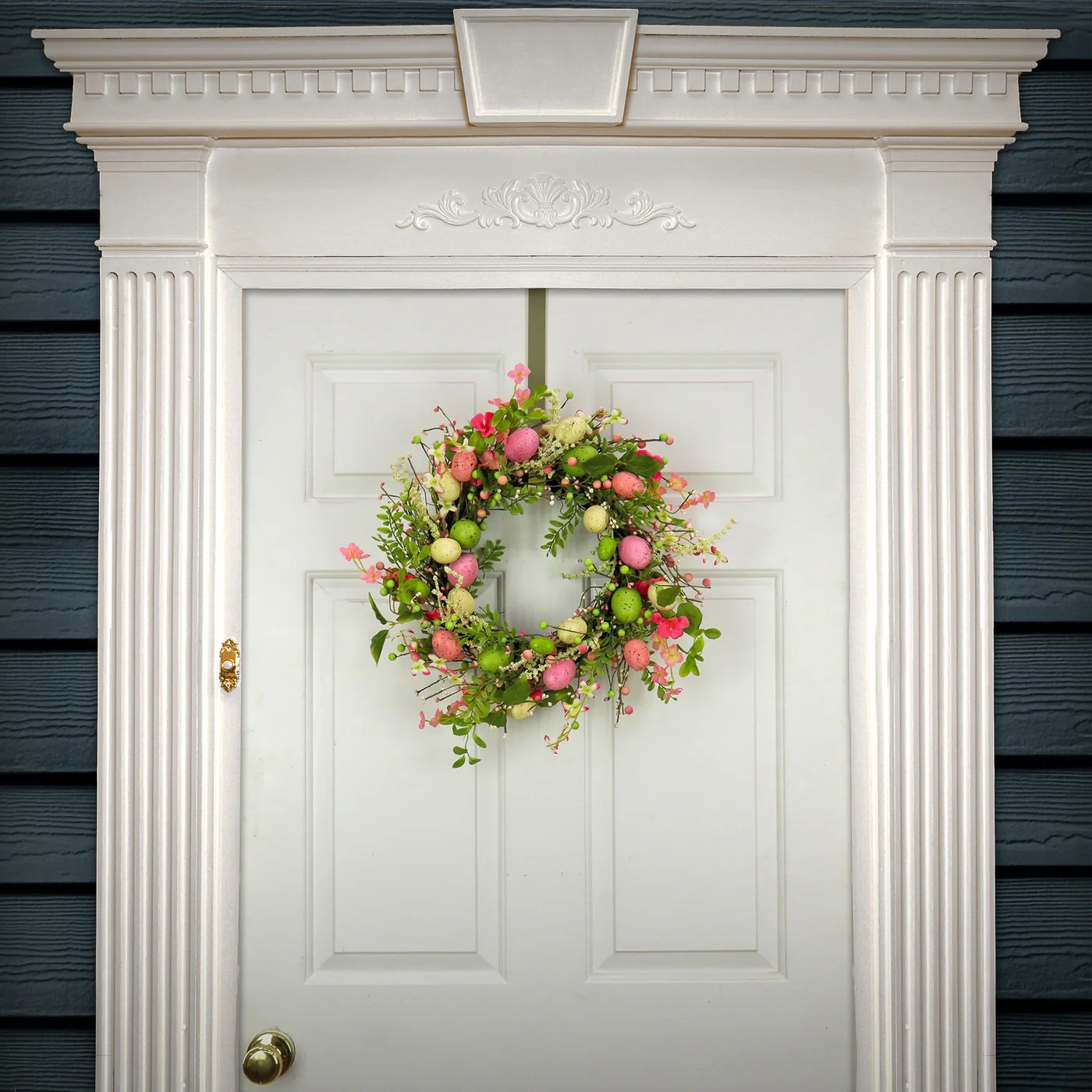 20 in. Easter Wreath Decorated with Pink Flower Blooms and Pastel Eggs