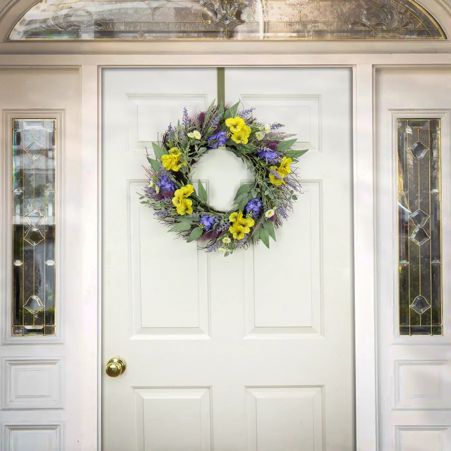 22 in. Spring Wreath with Pansy Blooms, Lavender, Assorted Blossoms, Flowing Green Stems 